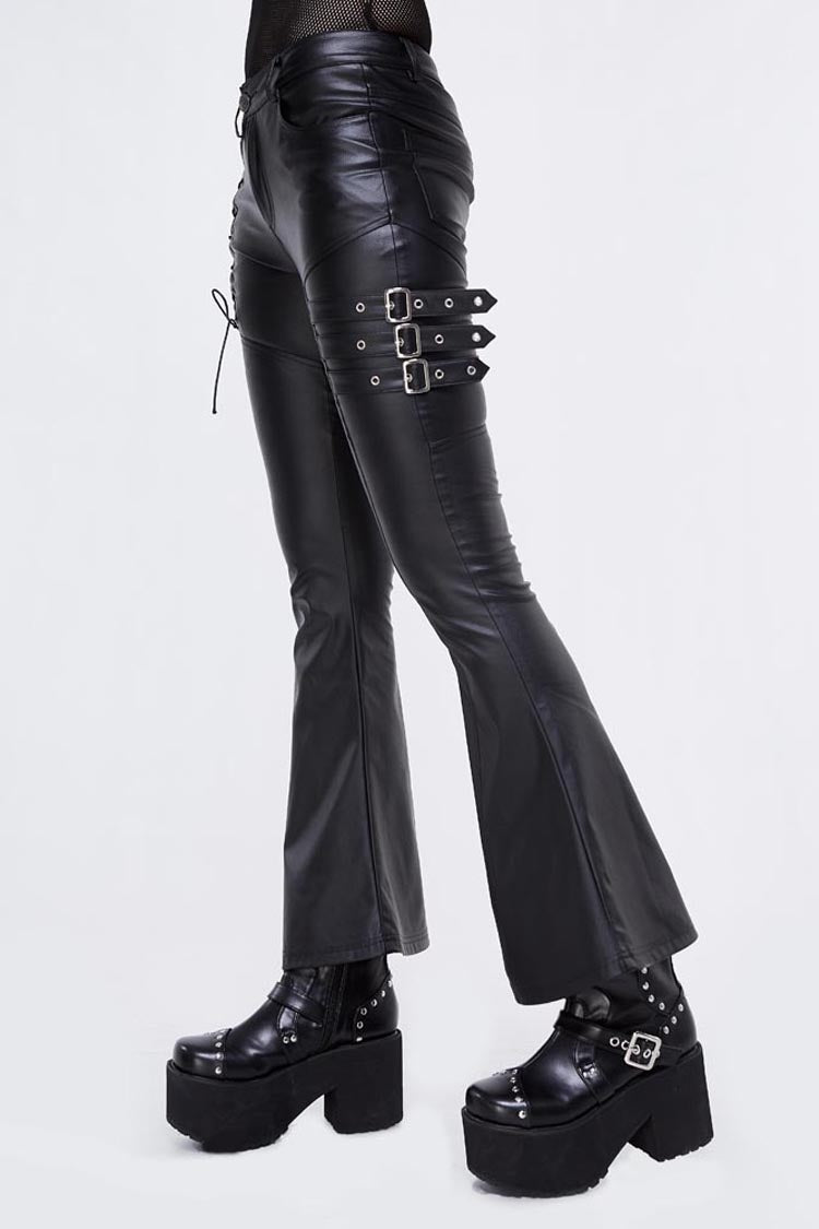 Black Hasp Leather Side Lace-Up Leather Tight Flared Women's Punk Pants - Product - 7