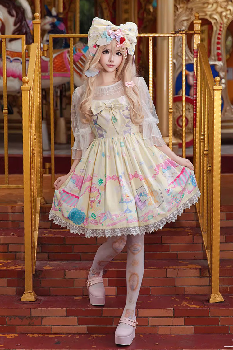 [Macaron Dolly House] Sleeveless Print Bowknot Lace-Up Sweet Lolita Jsk Dress 3 Colors - Product - 3