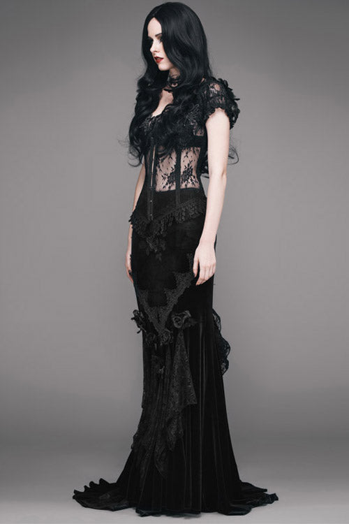 Black Rose Embossed Gothic Velvet Long Womens Half Fishtail Skirt - Product - 2