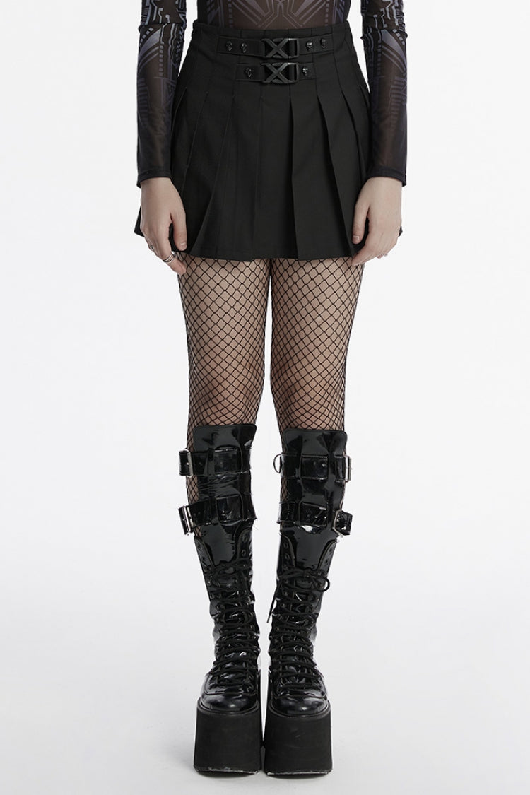 Black Skull Ruffle Buckle Women's Punk Pleated Skirt - Black - 1