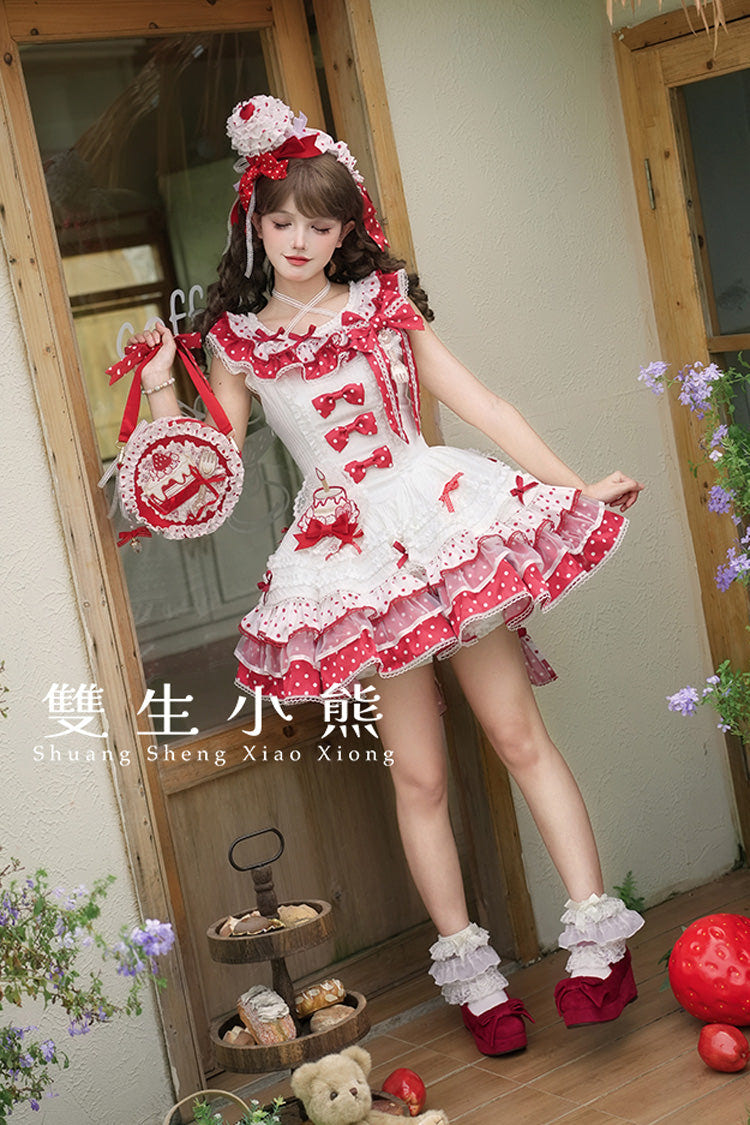 Red/White [Twin Bears] Sleeveless Triple-Layered Print Ruffle Bowknot Lace Sweet Lolita Jsk Dress - Product - 8