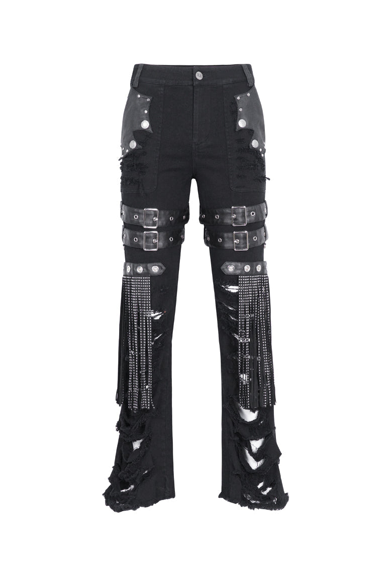 Black High Waisted Ripped Detachable Tassels  Men's Punk Pants - Product - 6