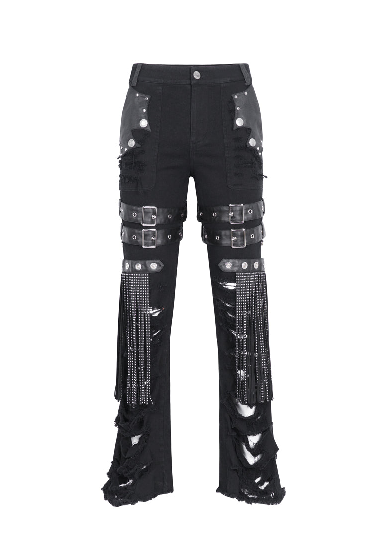 Black High Waisted Ripped Detachable Tassels  Men's Punk Pants - Product - 6