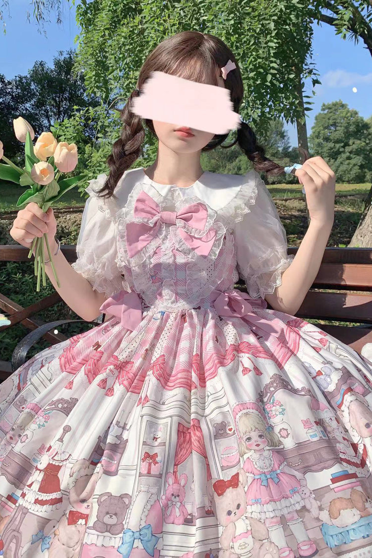 Pink Plush Bear and Doll Print Ruffle Bowknot Lace Sweet Lolita Jsk Dress - Product - 4