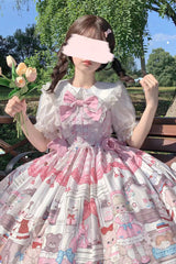 Pink Plush Bear and Doll Print Ruffle Bowknot Lace Sweet Lolita Jsk Dress - Product - 4