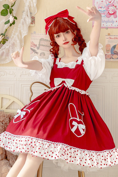 Red High Waisted Ruffled Hem Bowknot Sweet Lolita JSK Dress - Product - 2