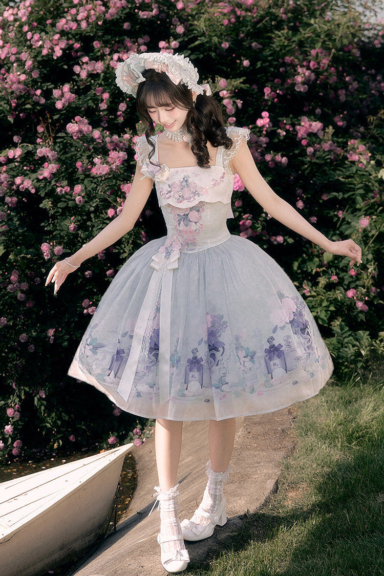 [Morning Dew Rose] Square Collar Flutter Sleeves Printed Embroidered Bow Sweet Chinese Inspired Lolita Jsk Dress 2 Colors (Blue, Green) - Product - 8