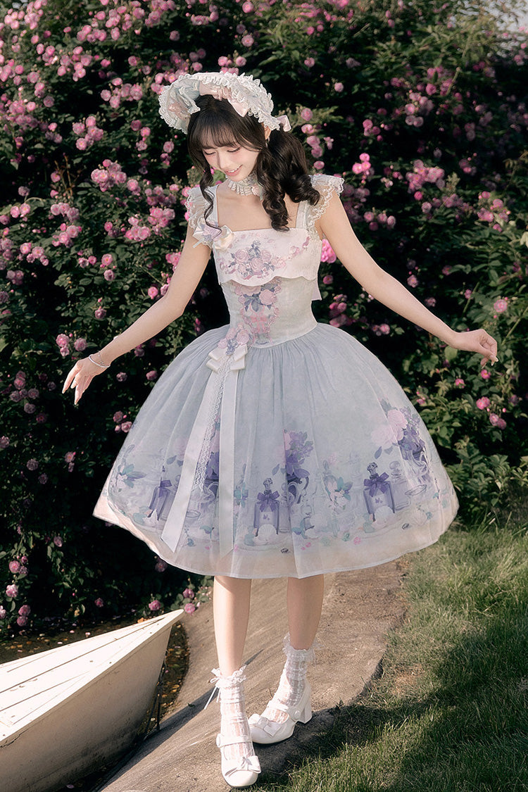 [Morning Dew Rose] Square Collar Flutter Sleeves Printed Embroidered Bow Sweet Chinese Inspired Lolita Jsk Dress 2 Colors (Blue, Green) - Product - 8