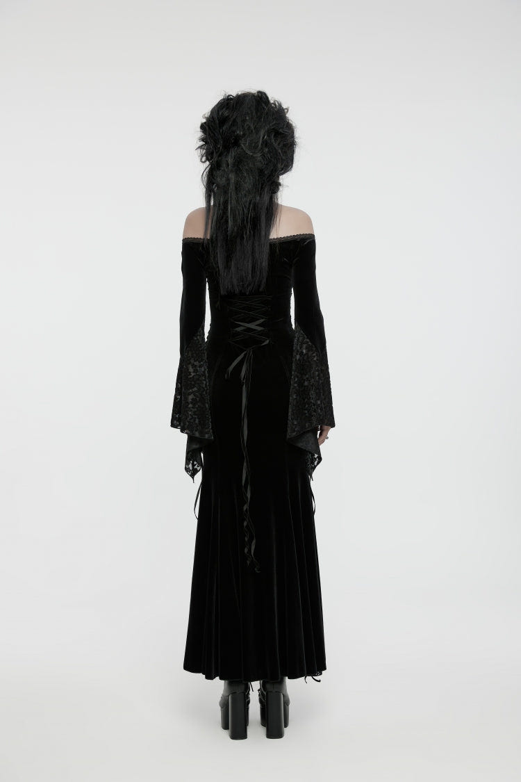 Black Off Shoulder Long Trumpet Sleeves Embroidered Spliced Lace Lace-Up Women's Gothic Gorgeous Palace Strapless Velvet Dress - Product - 4
