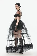 Black V Collar Short Sleeves Multi-Layered Sheer Mesh Women's Gothic Dress - Product - 11