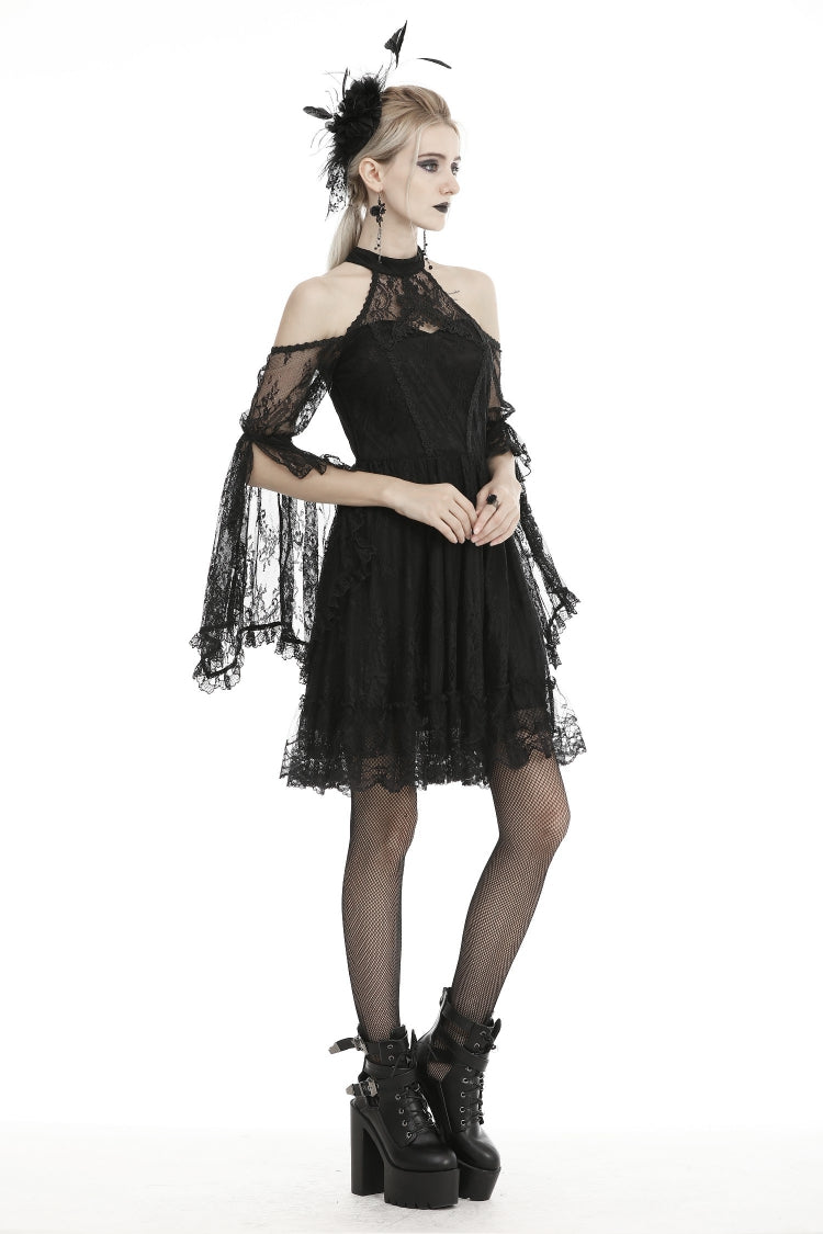 Black Off Shoulder Halterneck Long Sleeves Lace Women's Gothic Dress - Product - 10