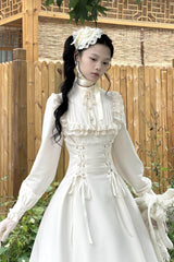 Apricot Stand Collar Long Sleeves Ruffled Lace-Up Gothic Lolita Dress - Product - 6