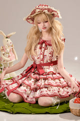 Red Triple-Layered [Cherries Are Ripe] Print Ruffle Sweet Lolita Skirt Set - Product - 3