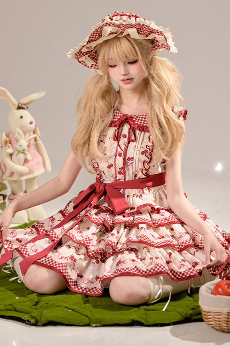Red Triple-Layered [Cherries Are Ripe] Print Ruffle Sweet Lolita Skirt Set - Product - 3