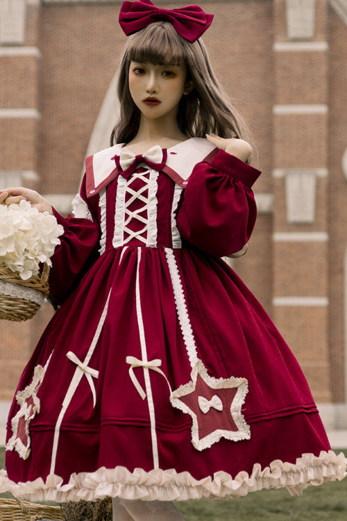 Round Collar Chiffon Ruffled Lantern Sleeves Pentagram Embroidered High Waisted Sweet Lolita OP Dress - Red - 3