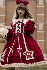 Round Collar Chiffon Ruffled Lantern Sleeves Pentagram Embroidered High Waisted Sweet Lolita OP Dress - Red - 3