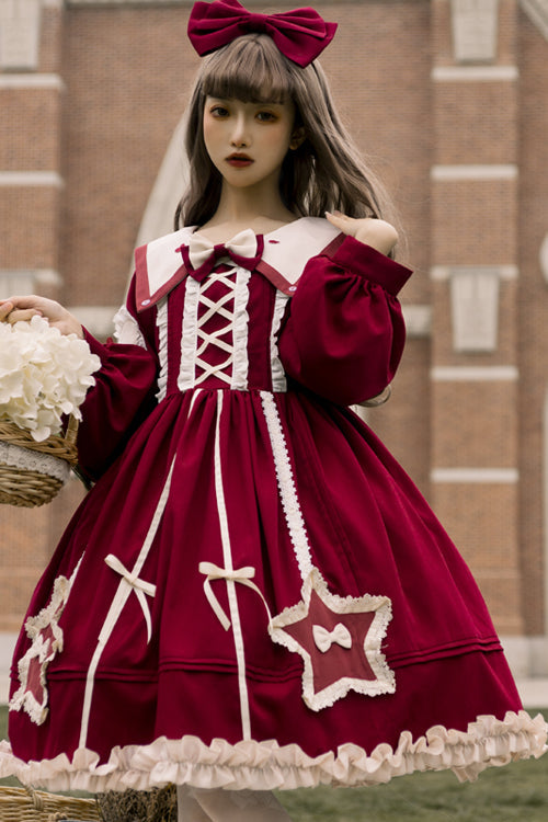 Round Collar Chiffon Ruffled Lantern Sleeves Pentagram Embroidered High Waisted Sweet Lolita OP Dress - Red - 3