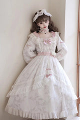 Ivory Long Sleeves Rose Print Bowknot Sweet Princess Lolita Dress - Product - 2