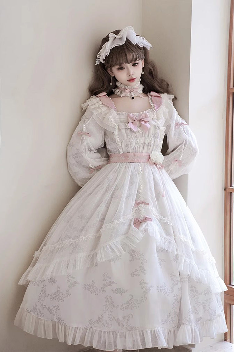 Ivory Long Sleeves Rose Print Bowknot Sweet Princess Lolita Dress - Product - 2
