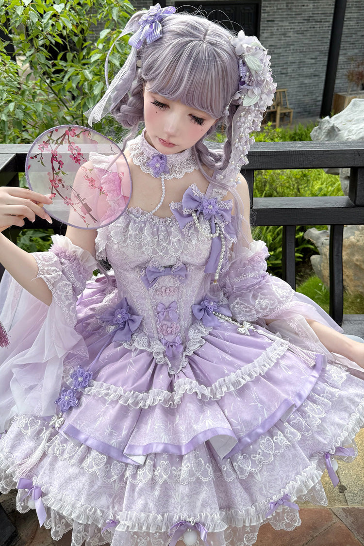 Purple [Prelude of Spring Cherry] Square Collar Sleeveless Multi-Layered Jacquard Ruffled Bow Lace Pearl-Decorated Sweet Lolita Jsk Dress - Product - 6