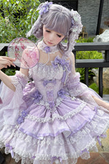 Purple [Prelude of Spring Cherry] Square Collar Sleeveless Multi-Layered Jacquard Ruffled Bow Lace Pearl-Decorated Sweet Lolita Jsk Dress - Product - 6
