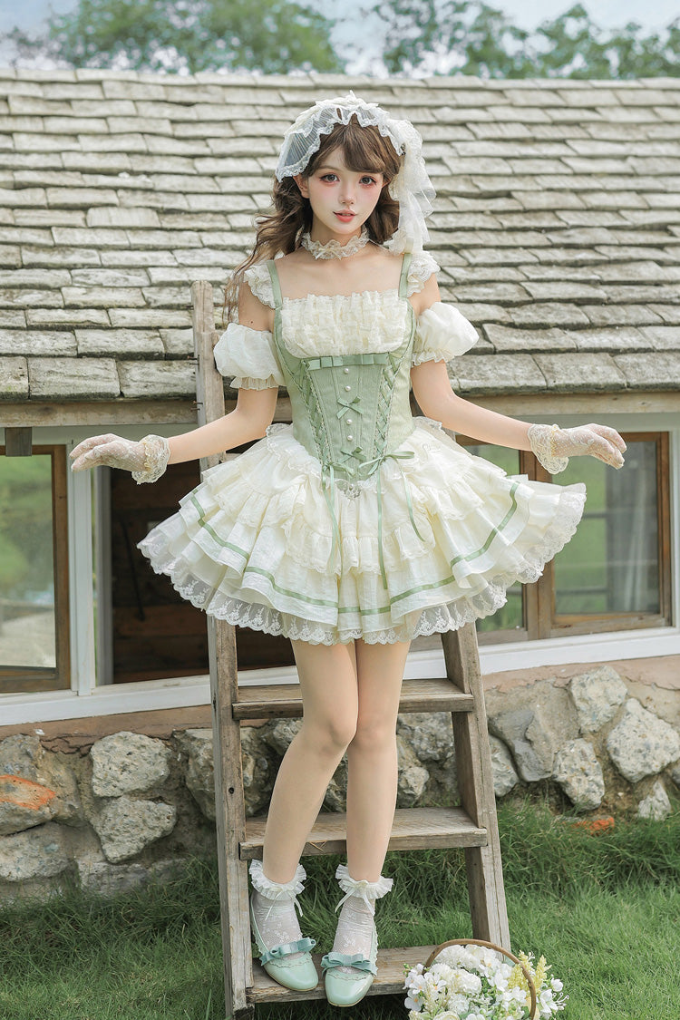Green Square Collar Sleeveless Multi-Layered Ruffled Bow Lace Fishbone Sweet Lolita Jsk Dress 2 Versions - Product - 20