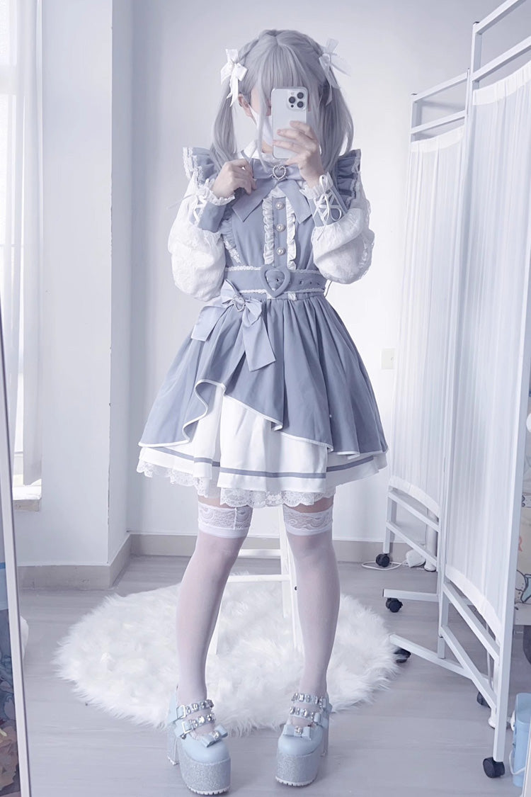 [Little Idol] Ruffle Bowknot Lace Irregular Asymmetric Jirai Kei Dress 6 Colors - Light Blue - 1