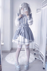 [Little Idol] Ruffle Bowknot Lace Irregular Asymmetric Jirai Kei Dress 6 Colors - Light Blue - 1