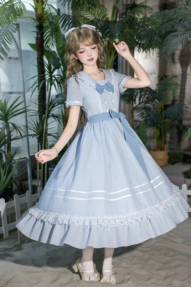 Blue [Seven Day Bell] Navy Collar Short Sleeves Printed Ruffled Bow Sweet Lolita Dress 2 Versions - Product - 20