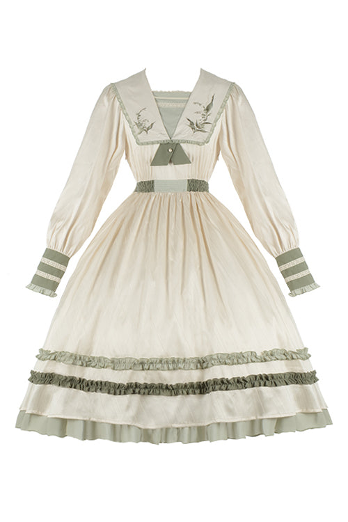 Beige Embroidered Large Lapel Collar Long Sleeves High Waisted Long Sweet Lolita OP Dress - Product - 4