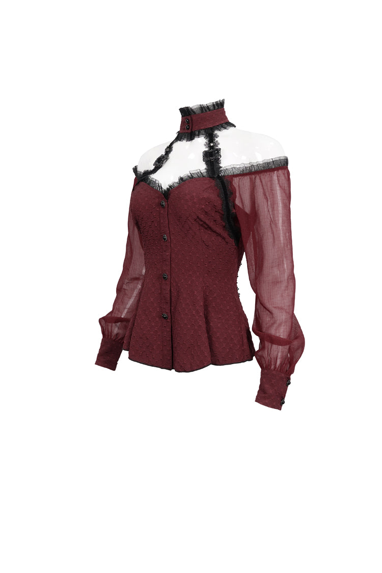 Red Lace Trim Panel Adjustable Back Long Sleeve Women's Gothic Shirt - Product - 7