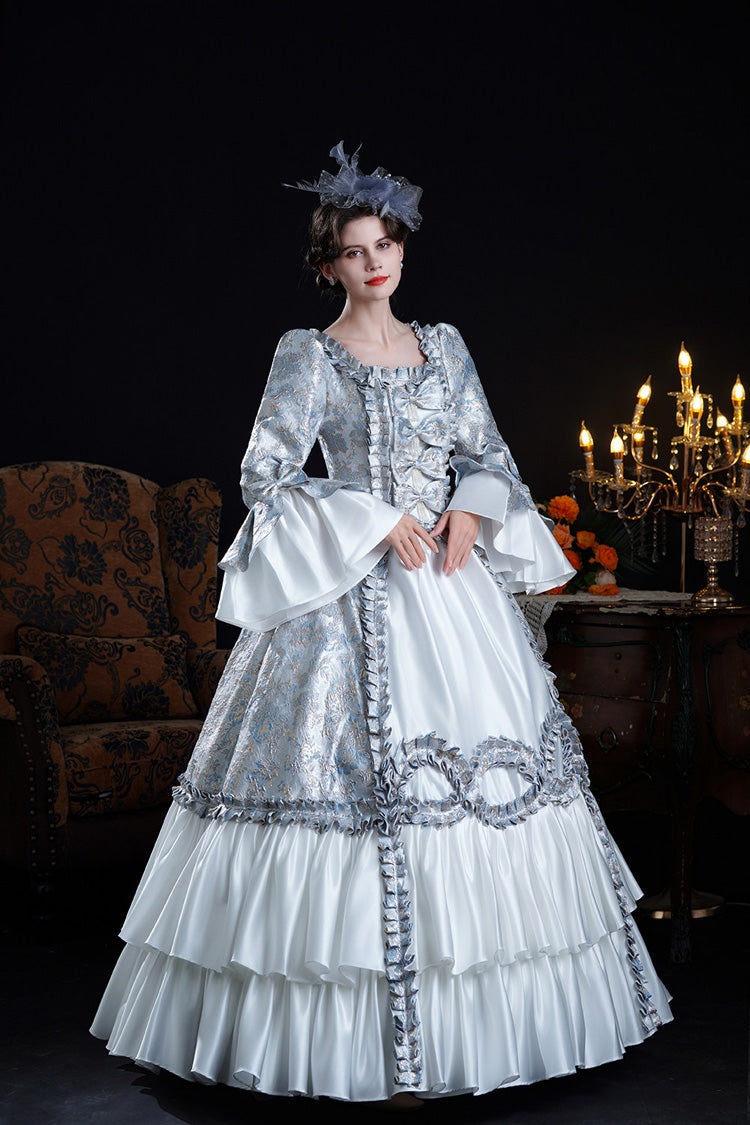 Blue Square Collar Long Trumpet Sleeves Double-Layered Ruffled Embroidered Open-Front Bow Classic Vintage Palace Lolita Victorian Dress - Product - 2