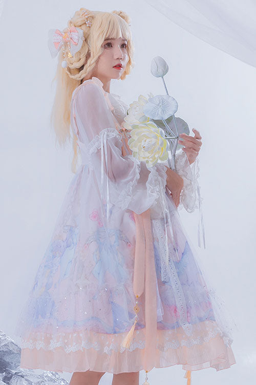 Light Blue Violin Cat Print Bowknot High Waisted Multi-Layer Ruffled Sweet Lolita Jsk Dress - Product - 3