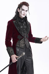 Wine Red Long Sleeves Button Floral Embroidery Men's Gothic Jacket - Product - 9