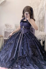 Purple [Starry Night Solo] Sleeveless Jacquard Bow Lace-Up Sweet Princess Lolita Jsk Dress - Product - 4