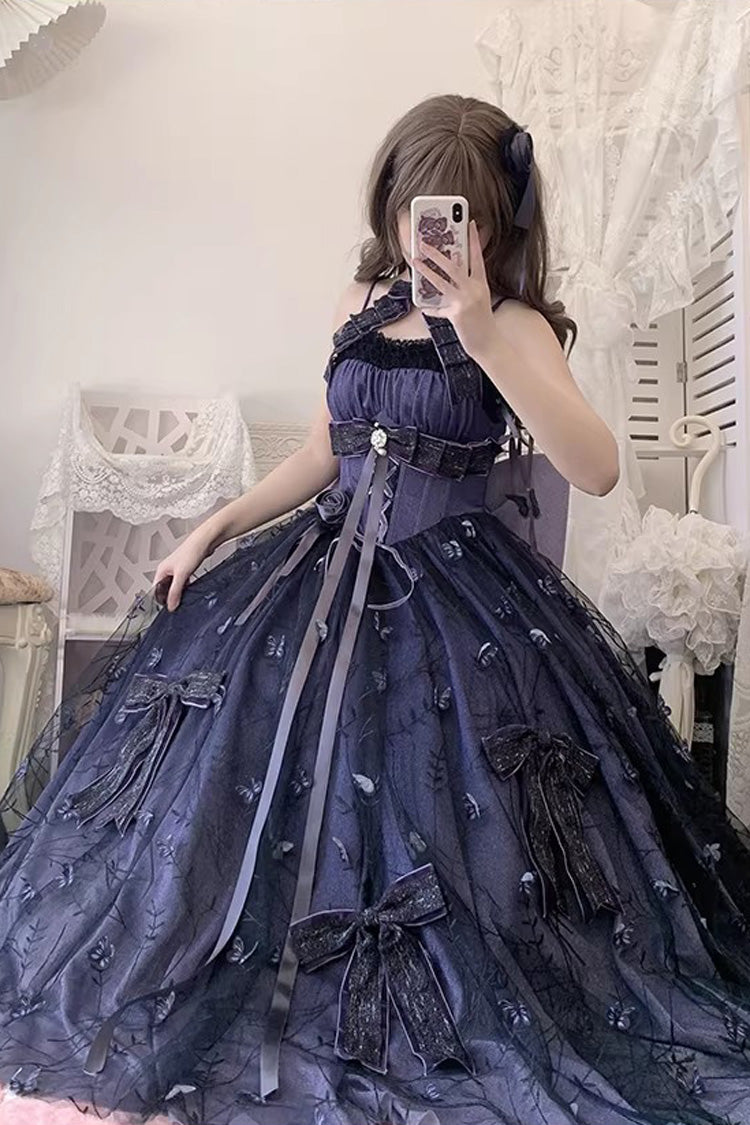 Purple [Starry Night Solo] Sleeveless Jacquard Bow Lace-Up Sweet Princess Lolita Jsk Dress - Product - 4