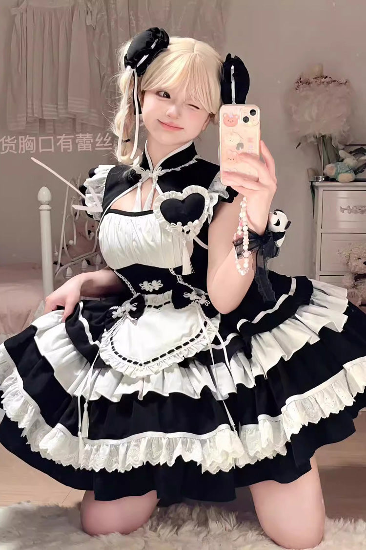Black/White Multi-Layered Ruffle Sweet Chinese Style Maid Cheongsam Lolita Dress - Product - 3