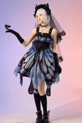 Black/Blue Butterfly Effect Sleeveless Print Girdle Version Gothic Punk Lolita Dress - Product - 2