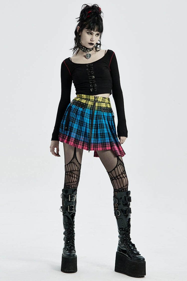 Multi-Color Plaid Print Pockets Zipper Irregular Women's Steampunk Skirt - Product - 4