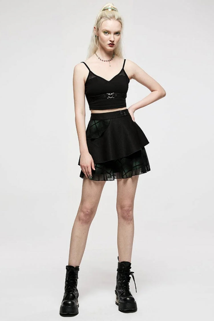 Black Short Sleeves Metal Heart Buckle Strap Slim Women's Punk Vest - Product - 4