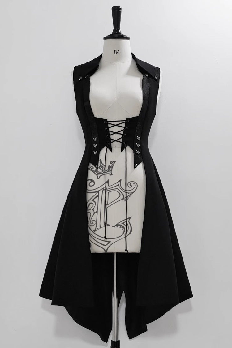 Black Lace-Up Slim Gothic Vintage Prince Ouji Lolita Long Vest - Product - 3