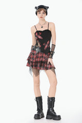 Black Strap Off Shoulder Asymmetric Side Lace-Up Eyelet Women's Punk Plaid Cross Bustier - Product - 8
