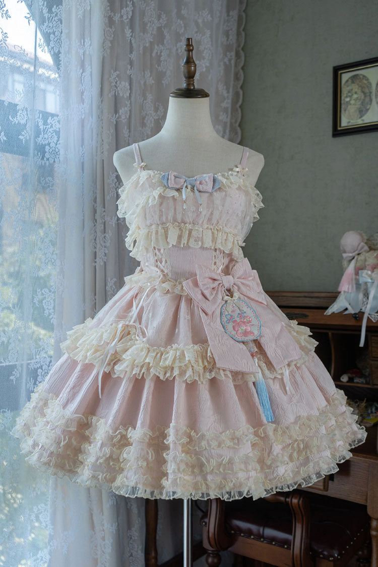 [Good Night, Peach] Sleeveless Multi-Layered Ruffled Bow Lace Sweet Chinese Style Lolita Jsk Dress 3 Colors - Pink - 1