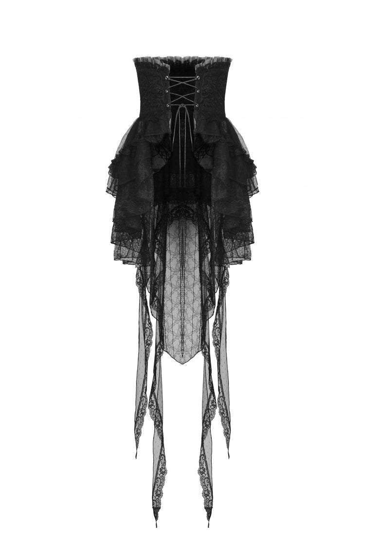 Black Lace-Up Multi-Layered Lace Women's Gothic Fishtail High Low Tunic Skirt - Product - 3