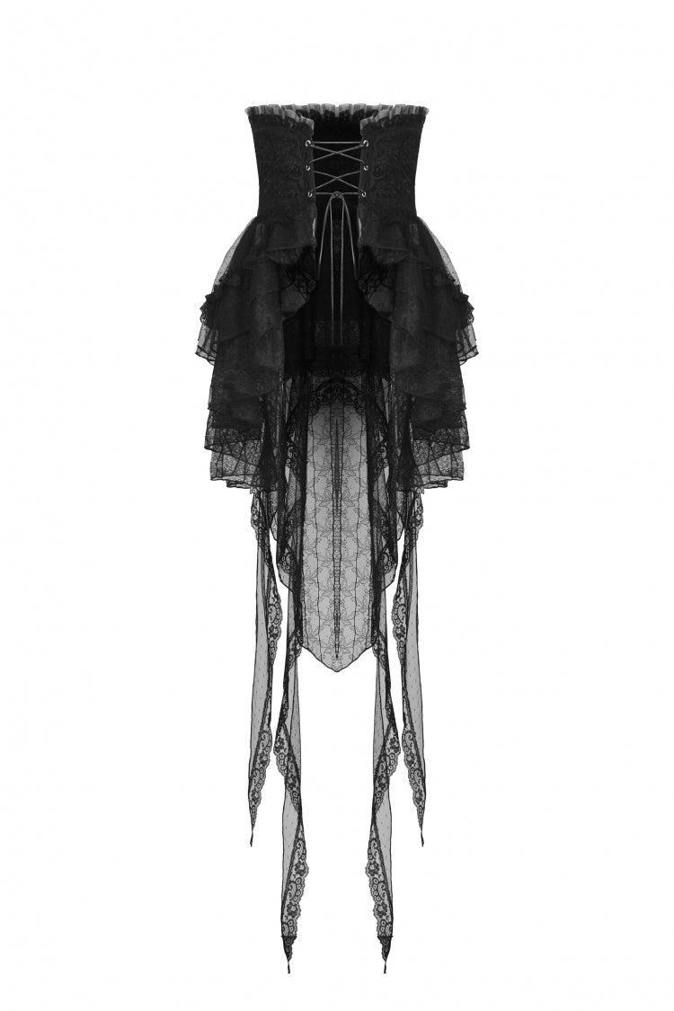 Black Lace-Up Multi-Layered Lace Women's Gothic Fishtail High Low Tunic Skirt - Product - 3