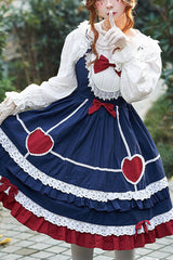 Blue Lace Stitching High Waisted Bowknot Ruffled Sweet Lolita Jsk Dress - Blue - 1