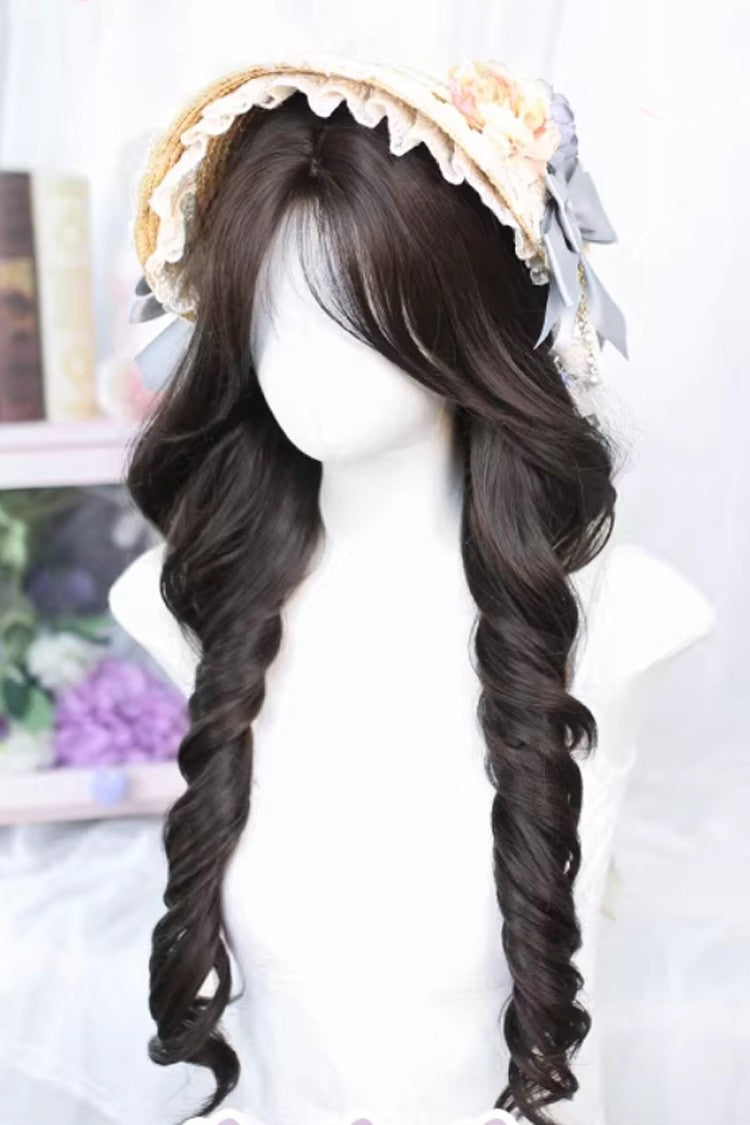 Black Tea Brown Long Curly Wig Light Wispy Bangs Sweet Lolita Style - Product - 2