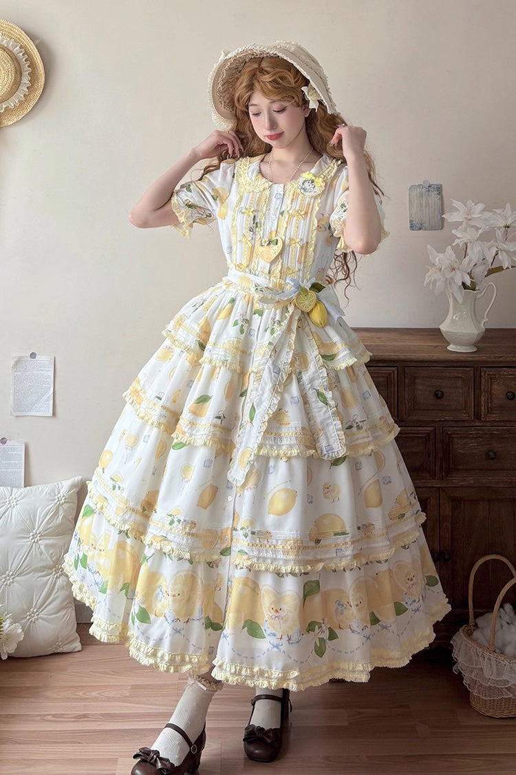 White [Lemon Chicken] Short Sleeves Triple-Layered Print Ruffle Bowknot Lace Sweet Gorgeous Lolita Dress - White - 1