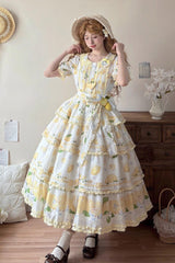 White [Lemon Chicken] Short Sleeves Triple-Layered Print Ruffle Bowknot Lace Sweet Gorgeous Lolita Dress - White - 1