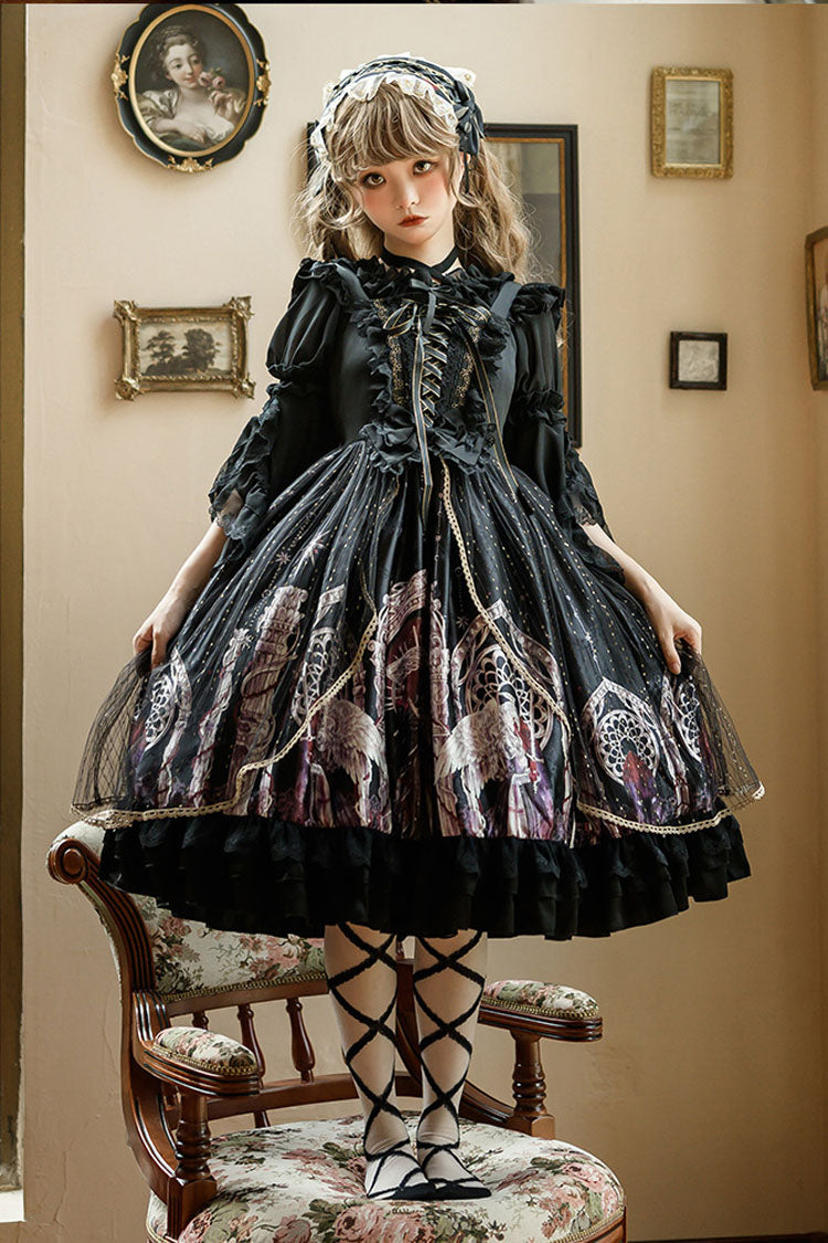 Black Ancient Mythology Angel Wings Print Mesh Stitching Bowknot Ruffled Gothic Lolita Jsk Dress - Product - 2